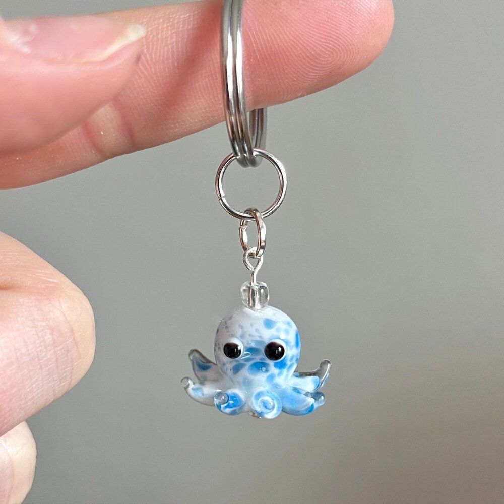 White and Blue Spotted Octopus / Squid Key Chain